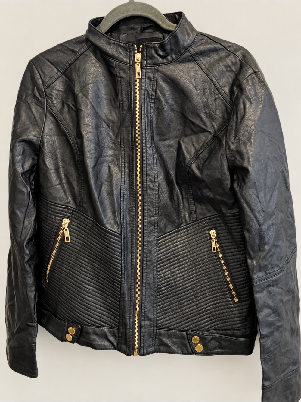 Lock & Love Black Faux Leather Moto Jacket Gold Hardware Large